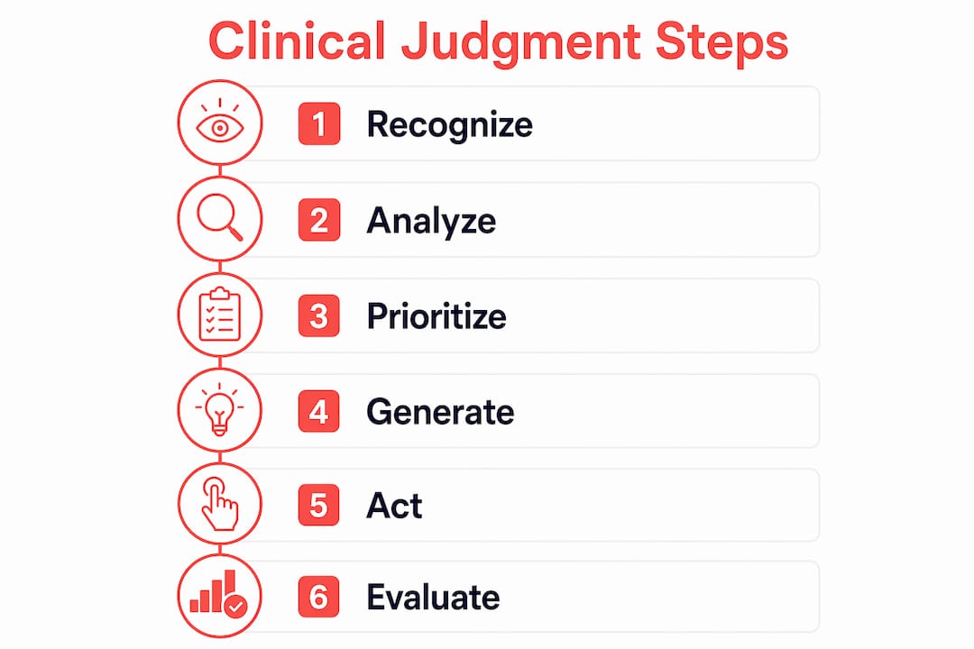 Infographic illustrating six clinical judgment steps
