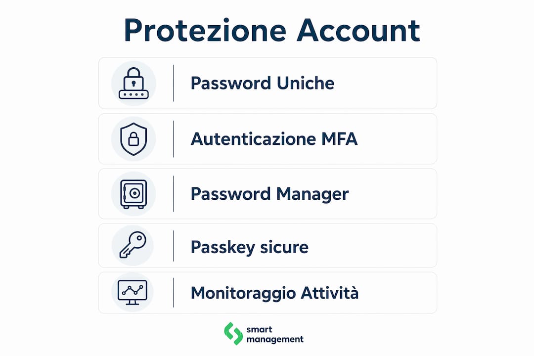 Grafica con i consigli essenziali per proteggere il tuo account