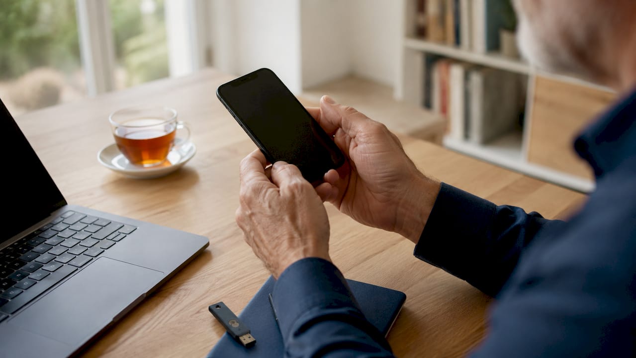 Mani di una persona anziana che utilizza smartphone e computer nella comodità della propria casa