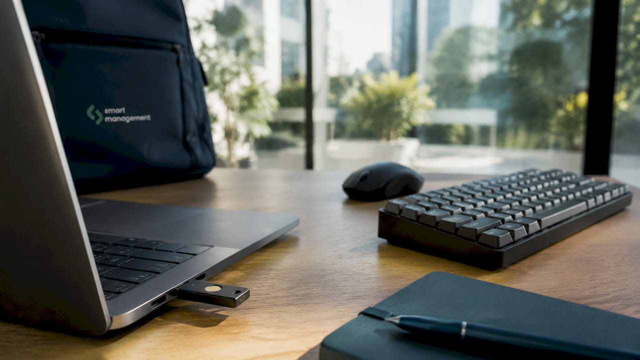 YubiKey ligado à porta USB, em cima da secretária do escritório