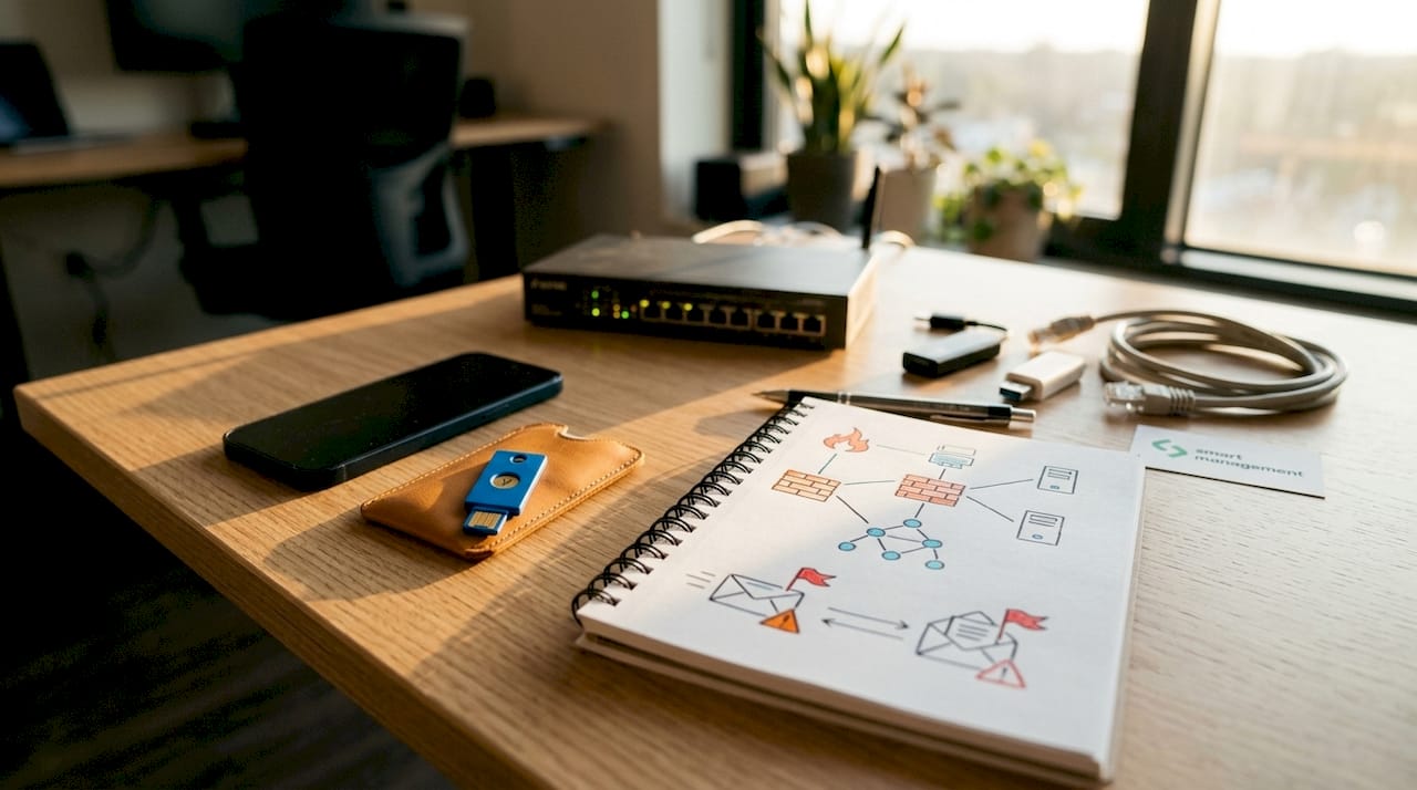 Mesa de trabajo corporativa equipada con YubiKey y dispositivos de reporte