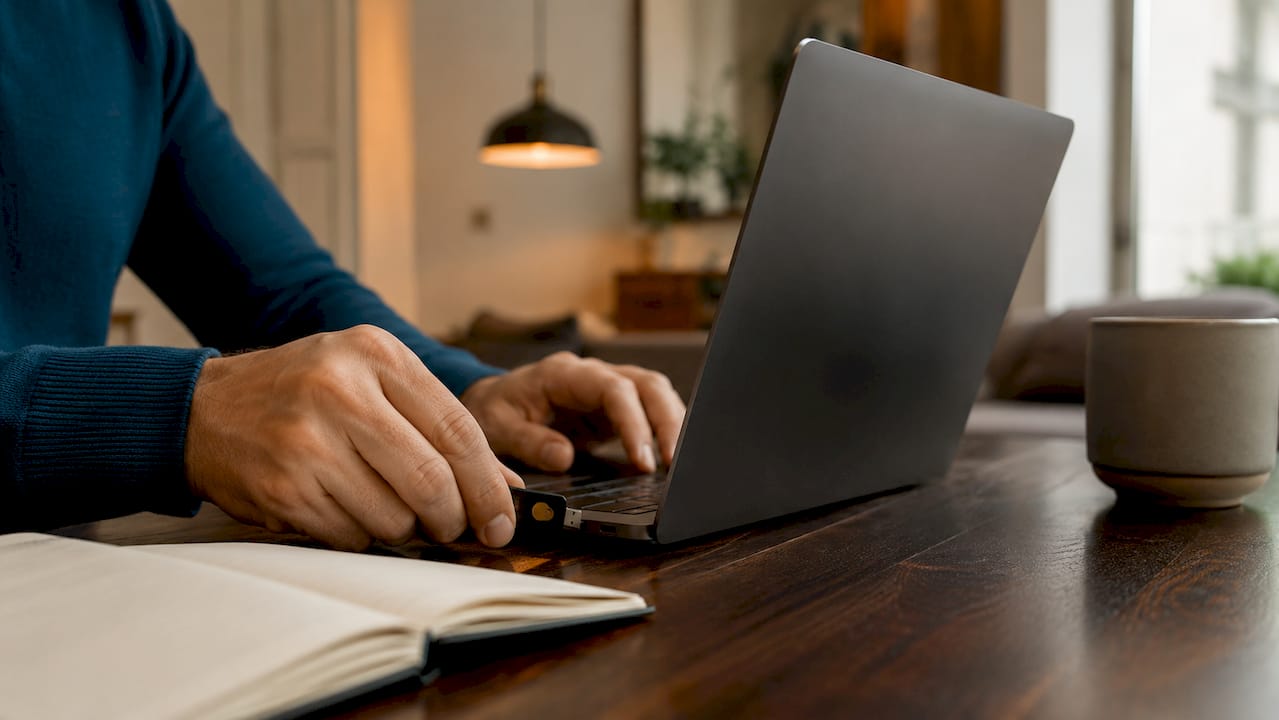 Mãos a ligar uma YubiKey à entrada USB-C de um portátil