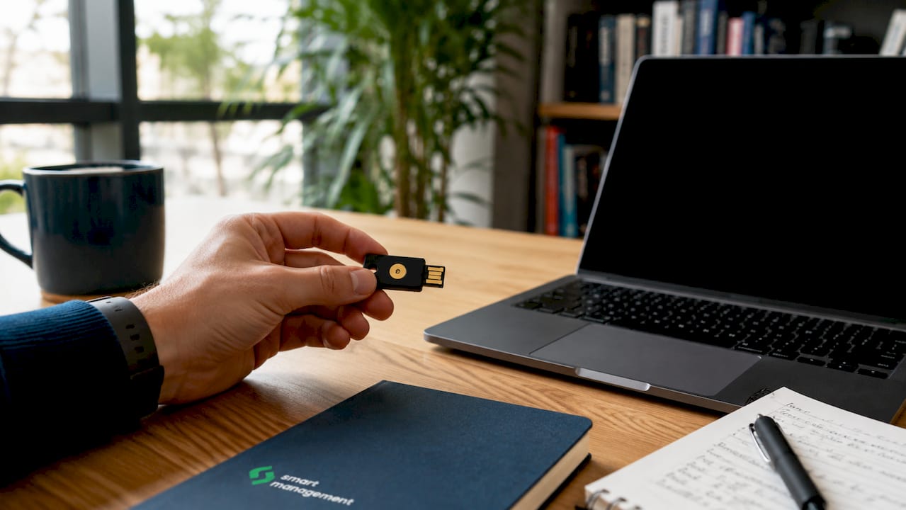 Una mano tiene una YubiKey appoggiata sulla tastiera del computer in ufficio.