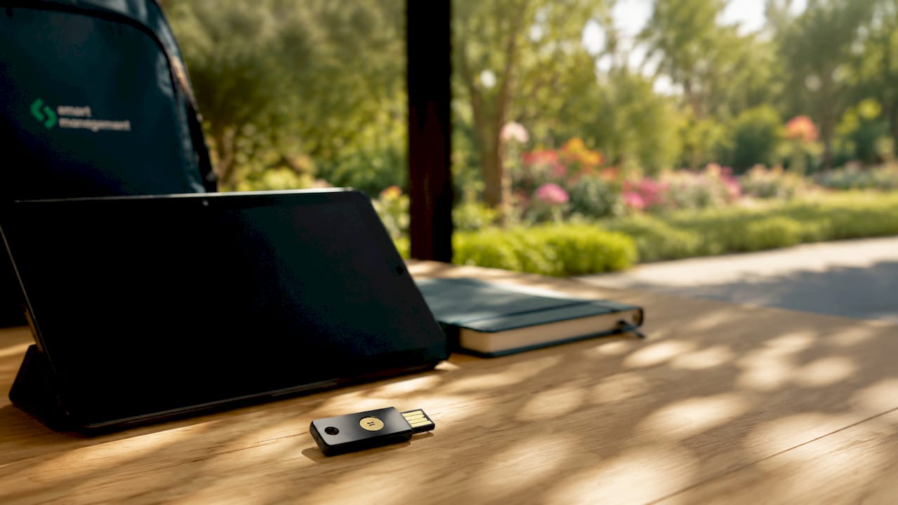 Imagem em destaque de uma YubiKey, com o tema da criptografia em evidência.