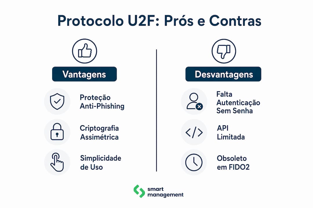 Infográfico com uma análise das principais vantagens e limitações do protocolo U2F clássico