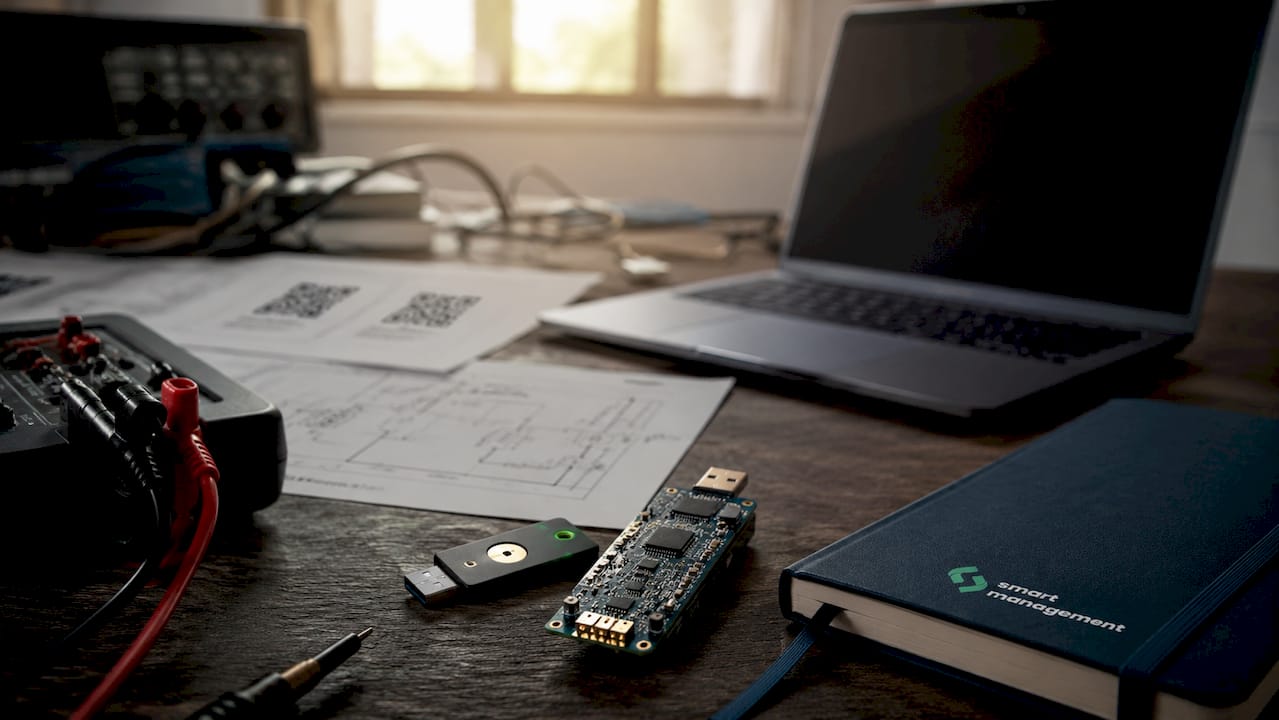 USB e YubiKey em ambiente de testes na bancada técnica