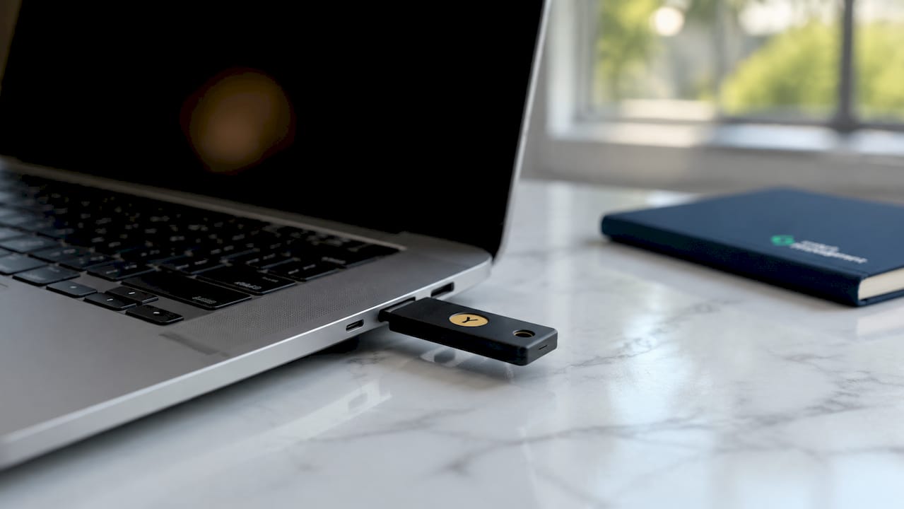 YubiKey conectada al ordenador portátil para garantizar una autenticación segura