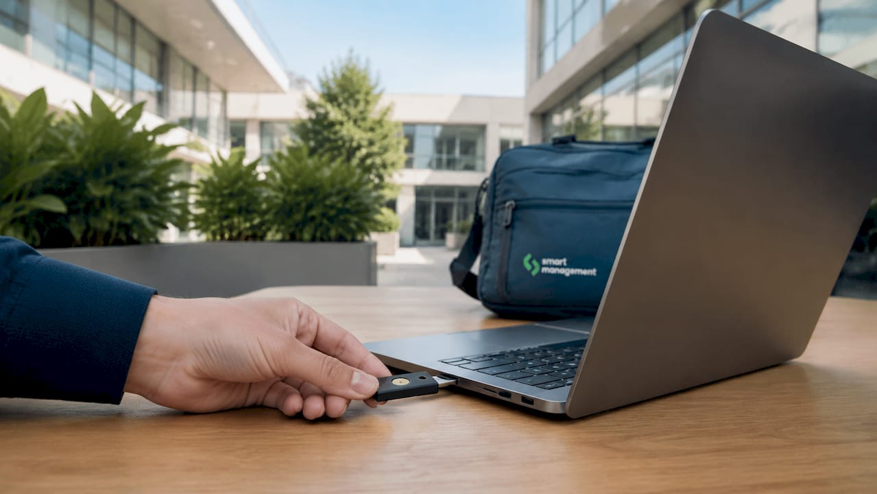 Una mano inserisce una chiavetta USB di sicurezza nel computer che è ancora spento.
