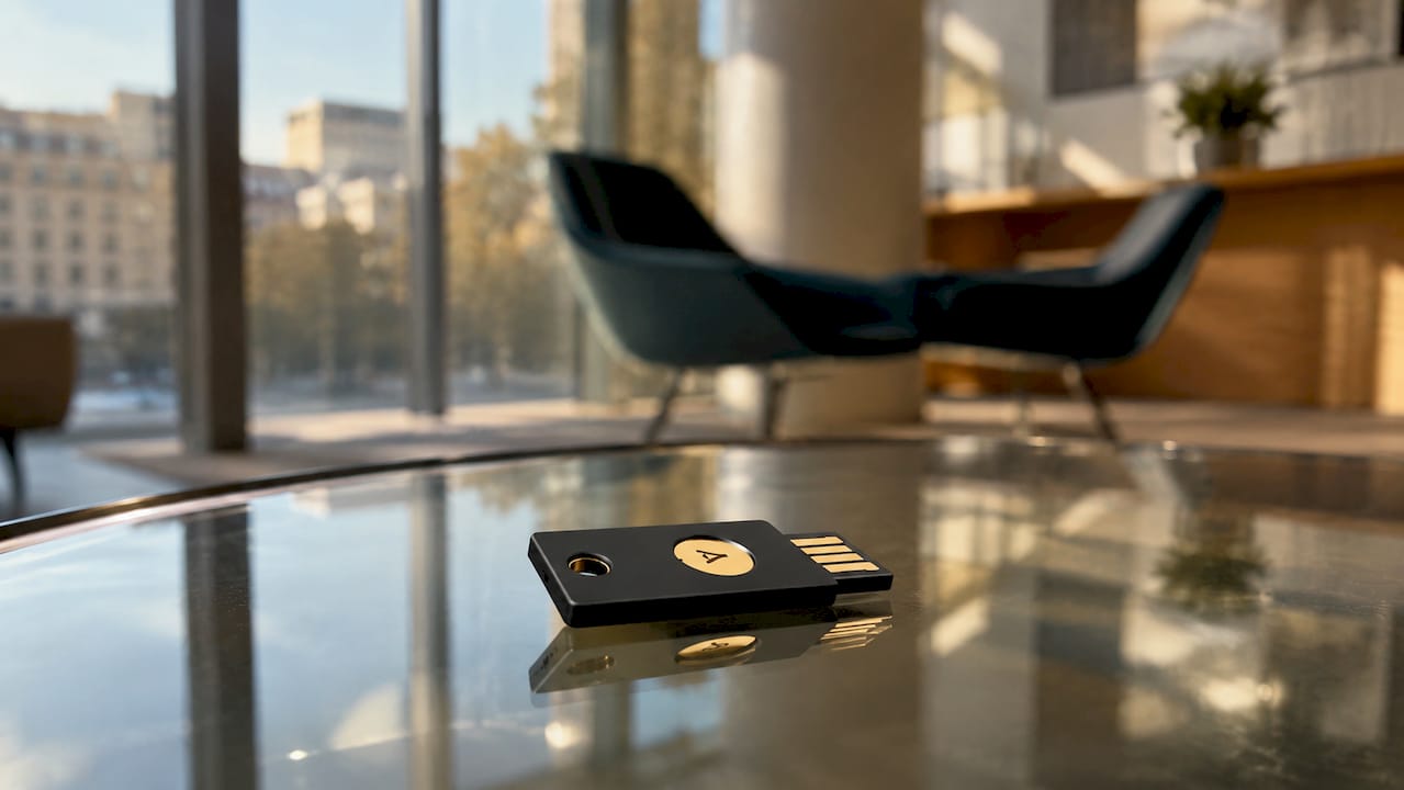 Detalle de una YubiKey sobre un teclado en un estudio