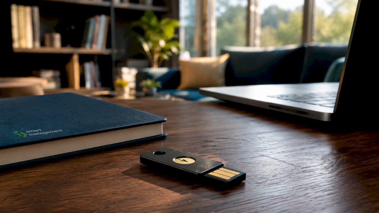 Una YubiKey descansa sobre un escritorio blanco, al lado de un portátil que está apagado.