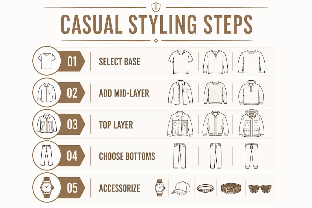Infographic illustrating step-by-step casual clothing styling