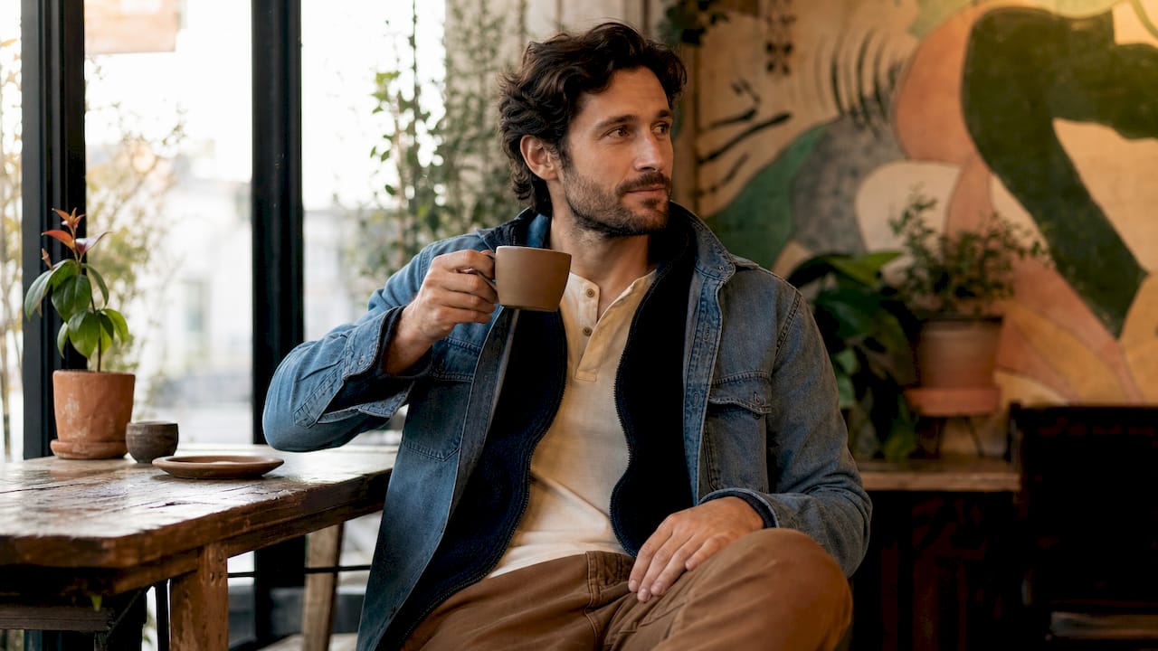 Man in layered casual outfit outdoors in city park