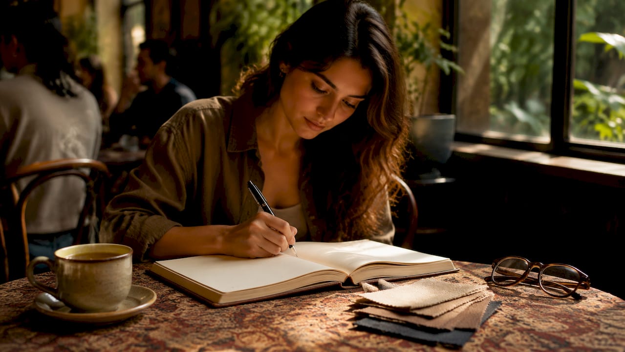Hands writing personal style keywords in journal
