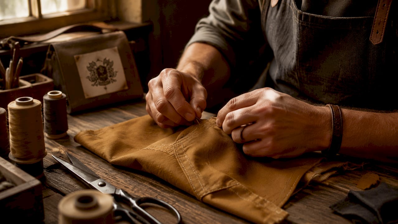 Hands sewing durable warrior clothing fabric
