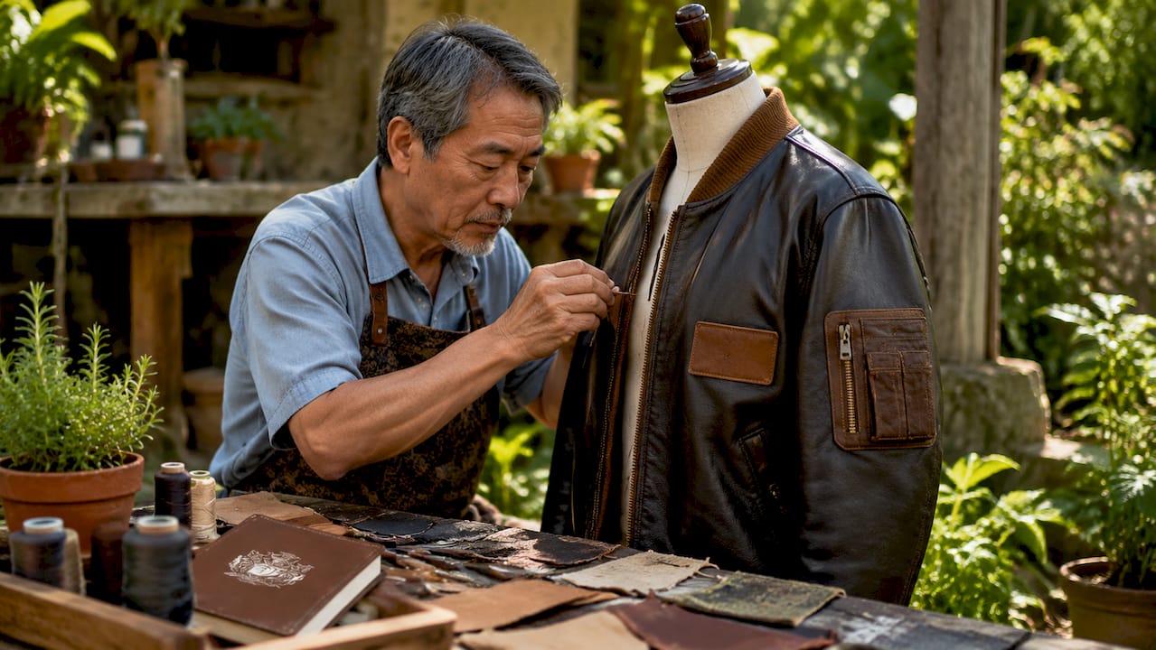 Tailor hand-sewing bomber jacket details