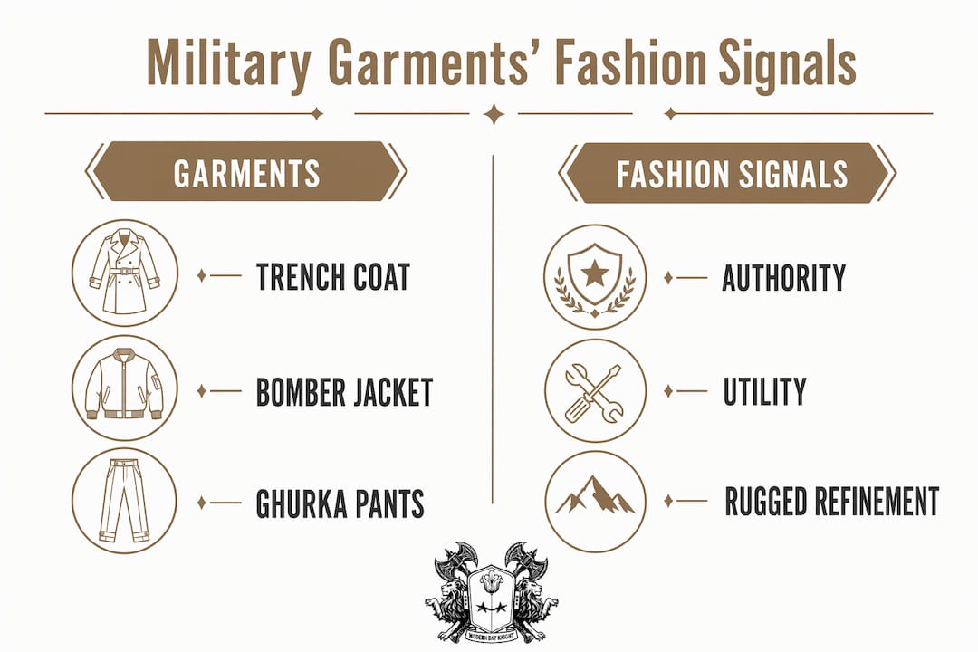Infographic comparing military garments and fashion meanings