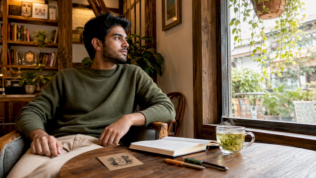 Man reflecting on modern noble character indoors