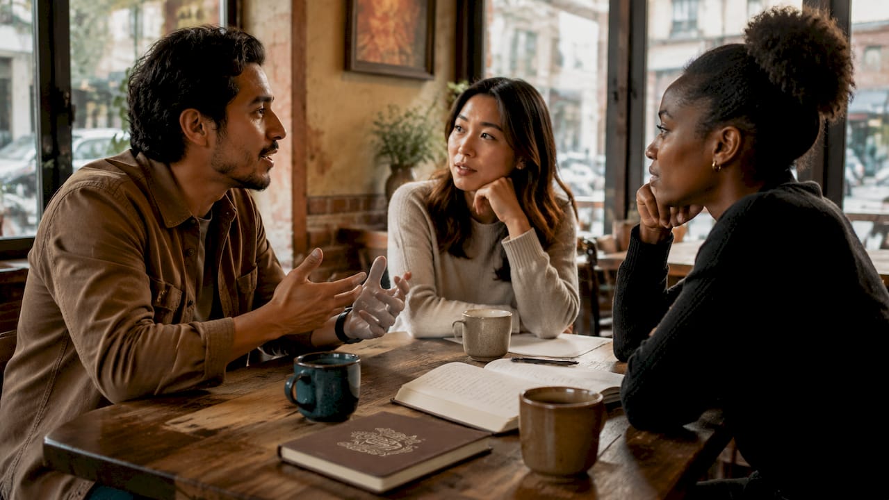 Coworkers discussing courage in meeting