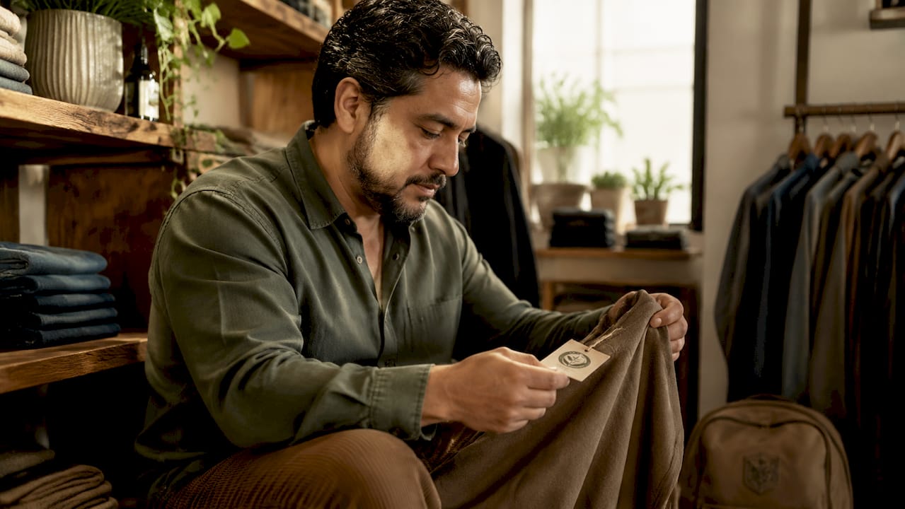 Man examining ethical fashion label in boutique