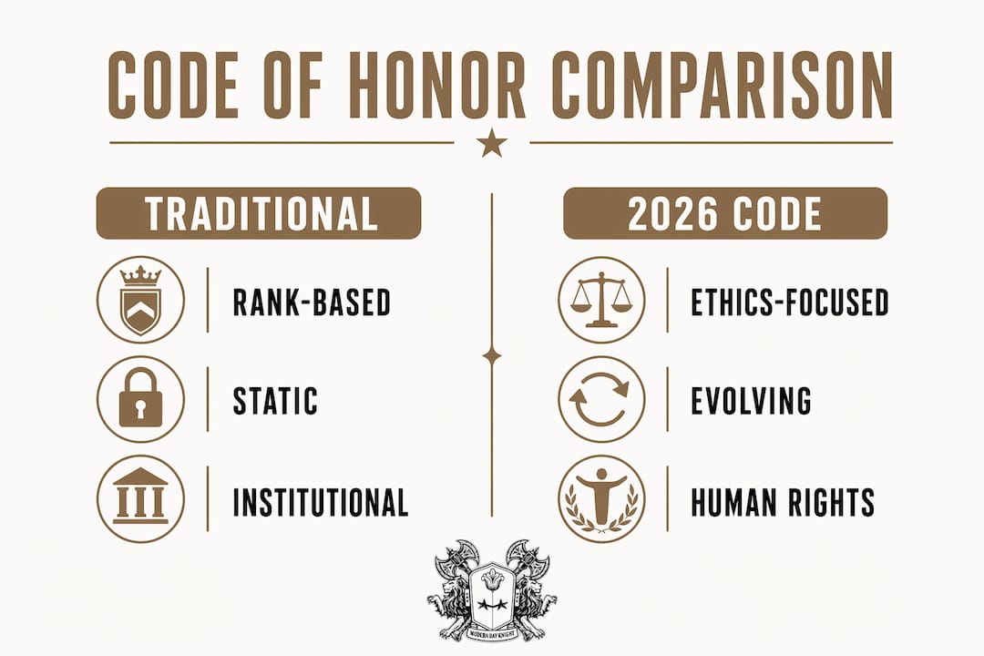 Infographic comparing traditional versus 2026 codes of honor