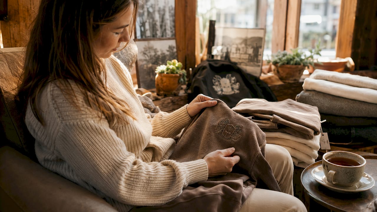 Woman examining stoic clothing at home