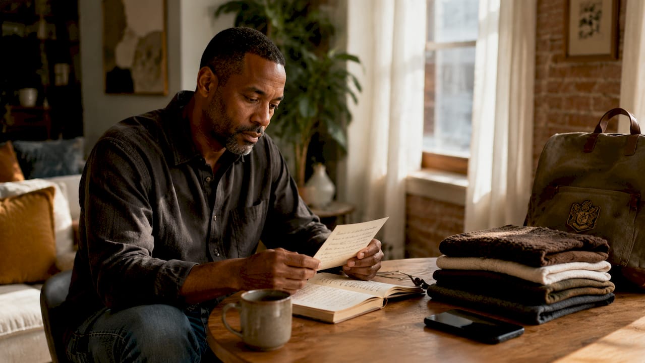 Man reviewing core values card at table
