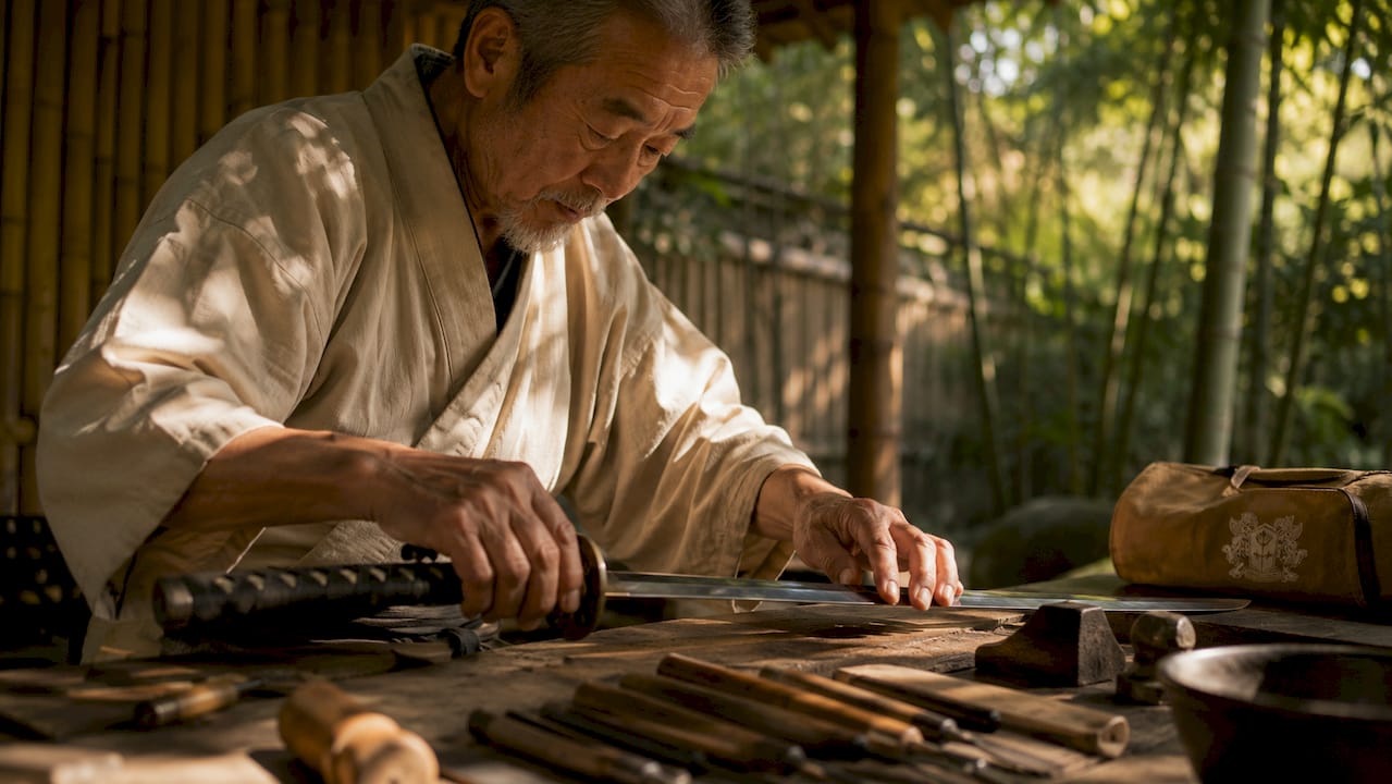 Craftsman polishing samurai katana sword