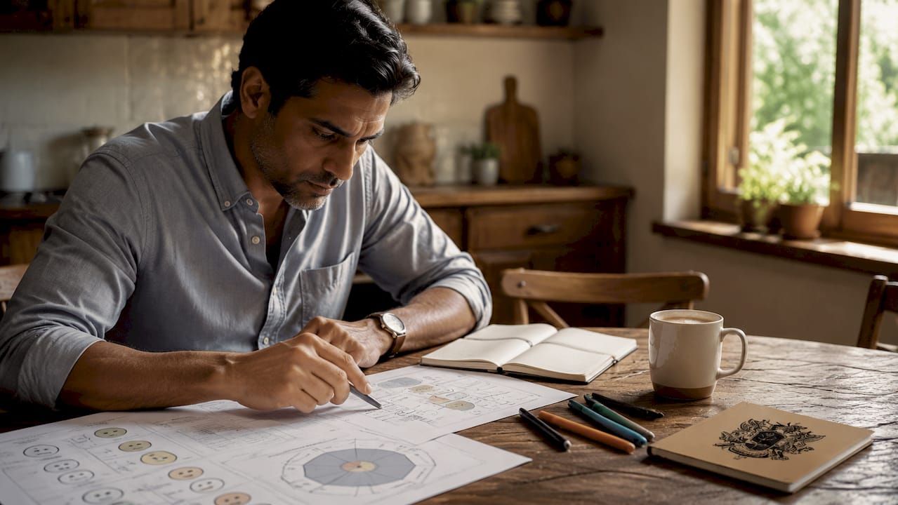 Hands reviewing emotional connection charts on desk