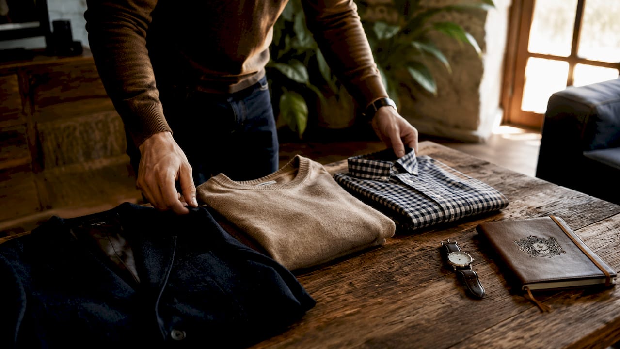 Hands arranging wardrobe items on table for gift coordination