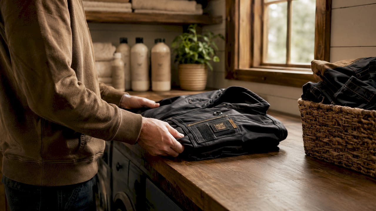 Hands loading heavy-duty jacket into dryer