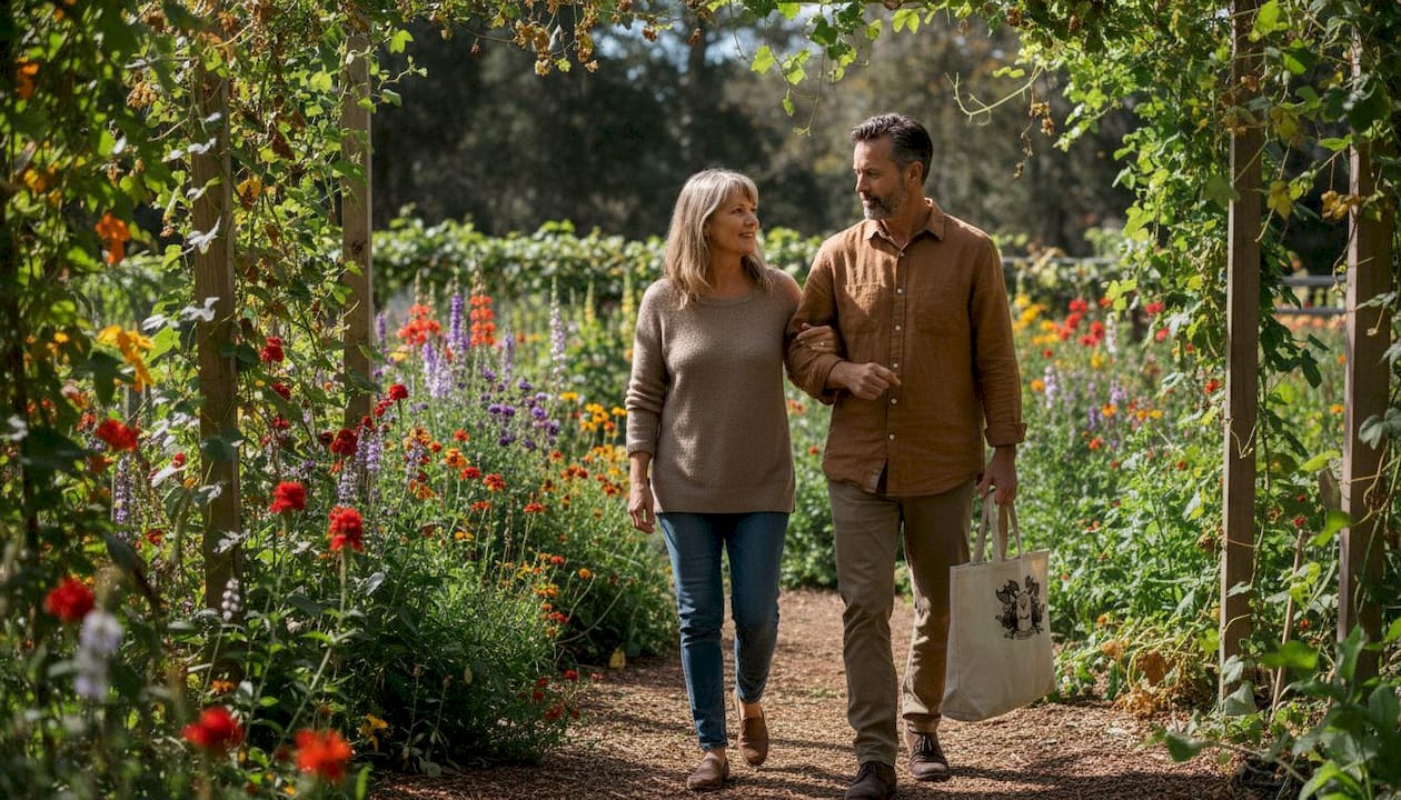 Pair walking complimenting modern chivalry outdoors