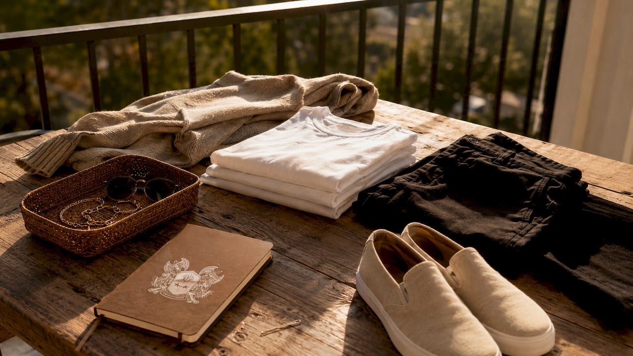 Overhead view neutral minimalist wardrobe essentials