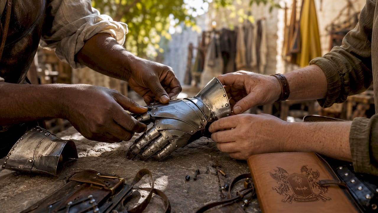 Hands assembling medieval gauntlets in workshop