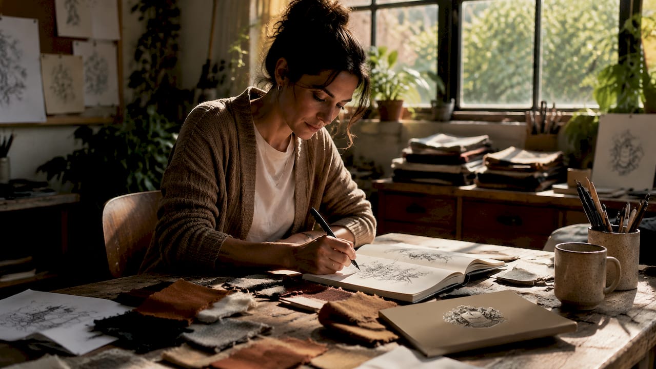 Designer sketching philosophy-based apparel concepts