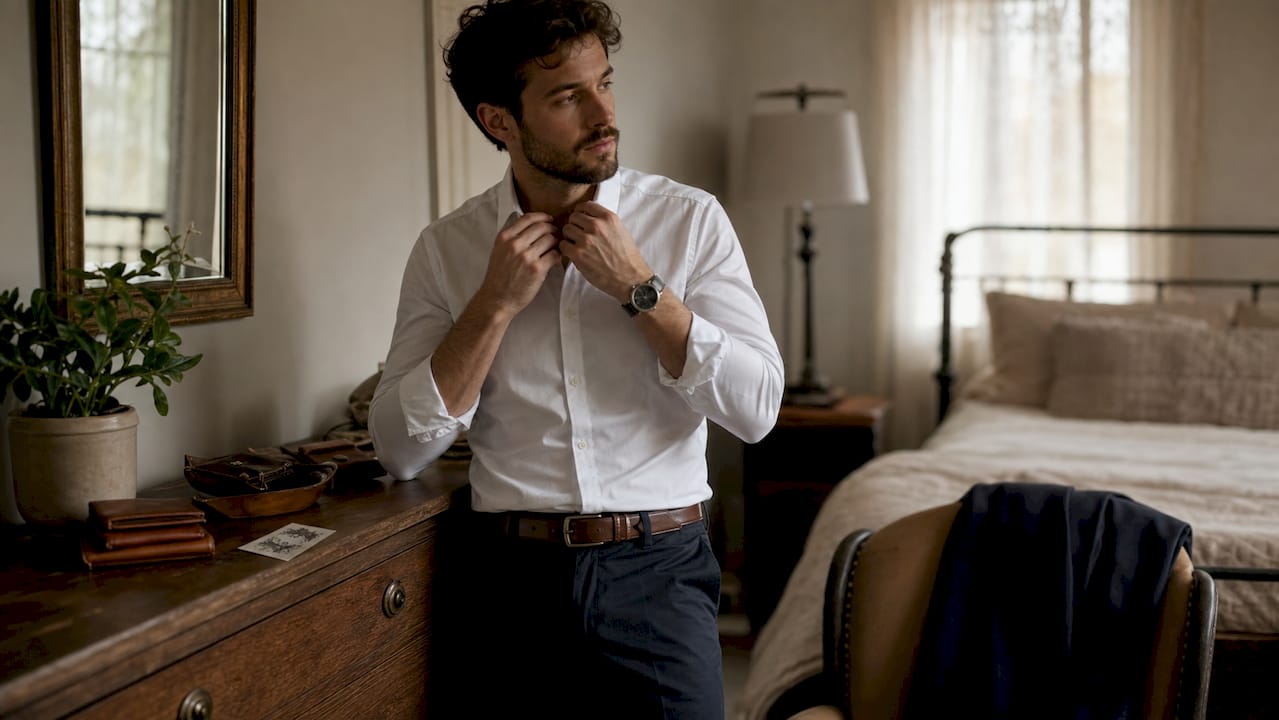 Hands buttoning shirt to embody mindset