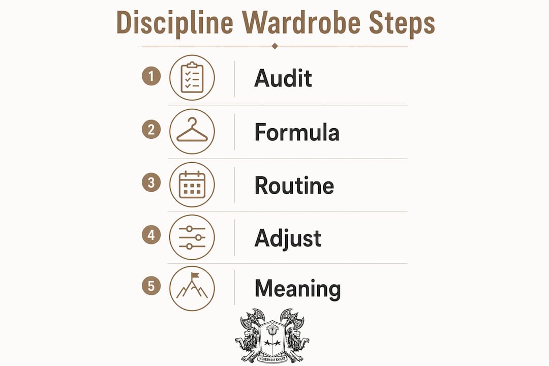 Infographic illustrating steps to build disciplined wardrobe