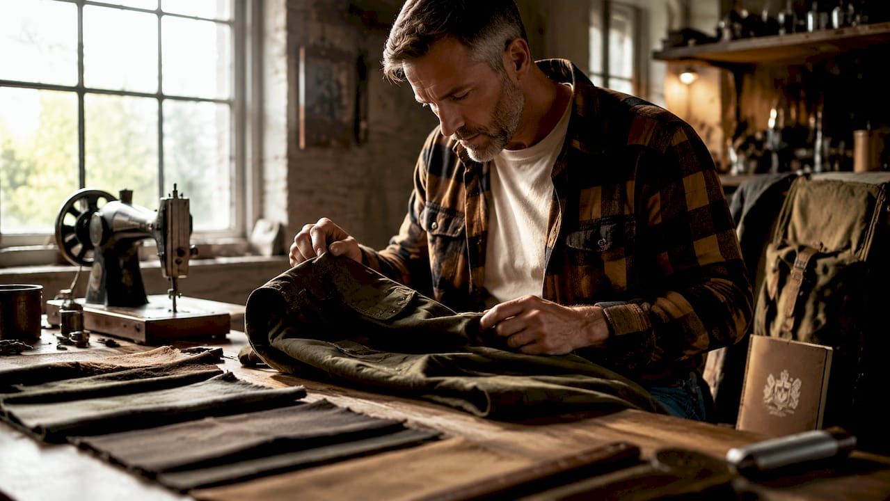 Veteran designer working on durable apparel in studio