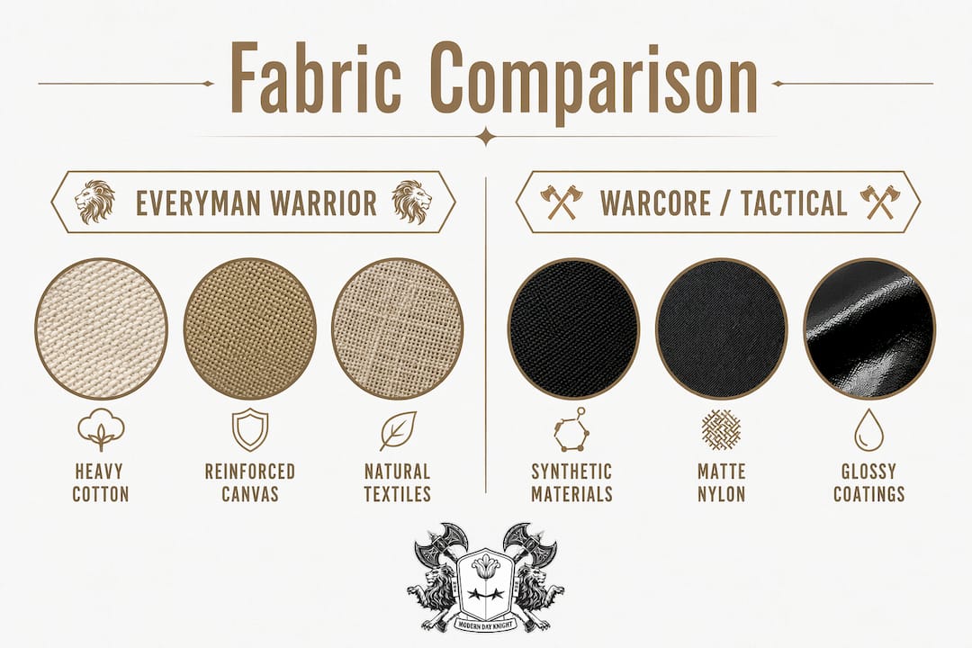 Infographic comparing fabrics for everyman warrior and warcore styles