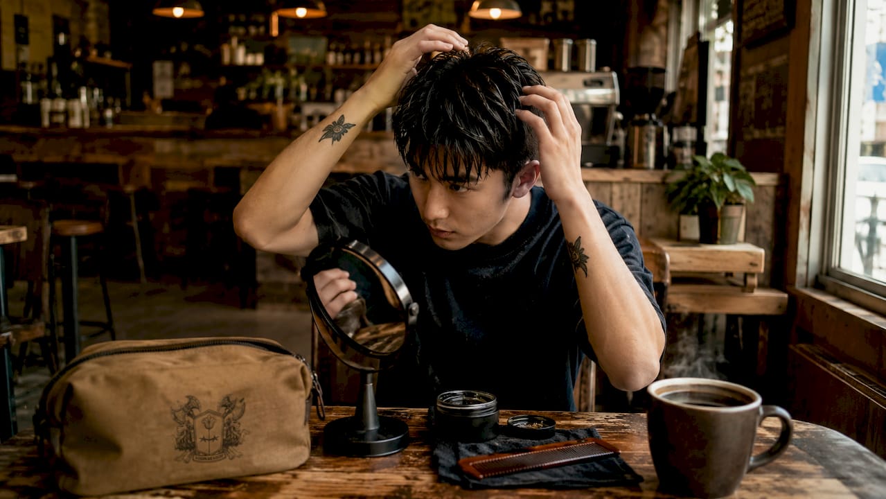 Man styling hair with pomade in coworking space