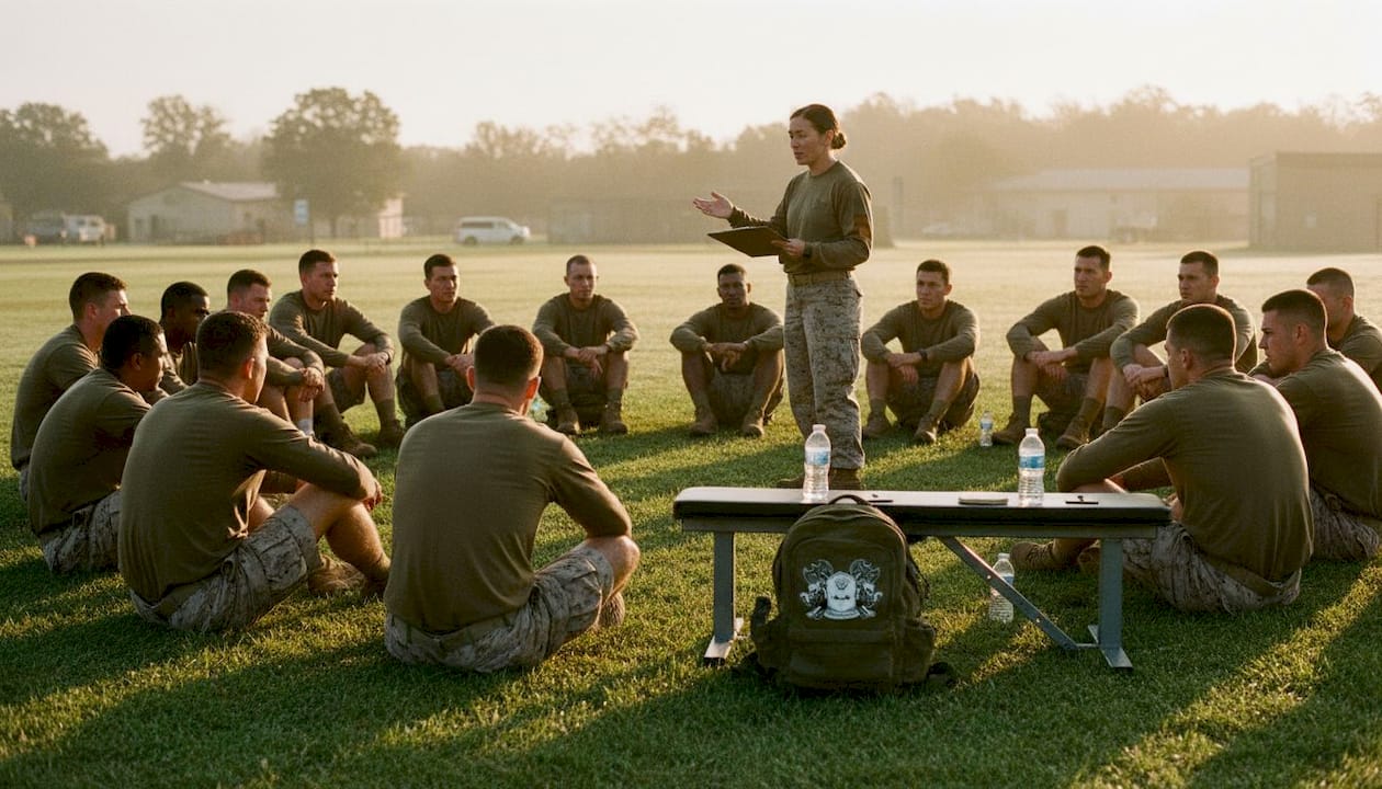Marines engaged in leadership training session indoors