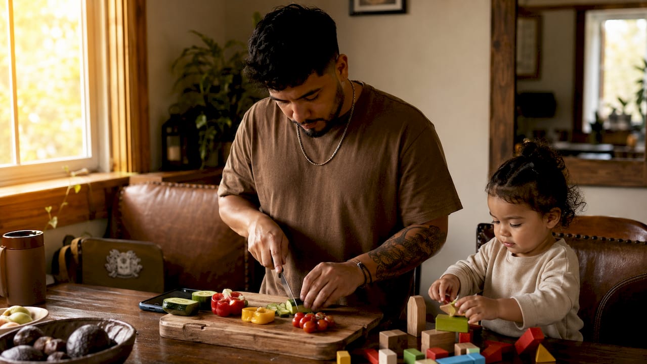 Father preparing food while caring for child