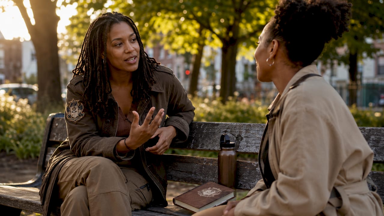 Woman socializing in warrior-themed casual wear