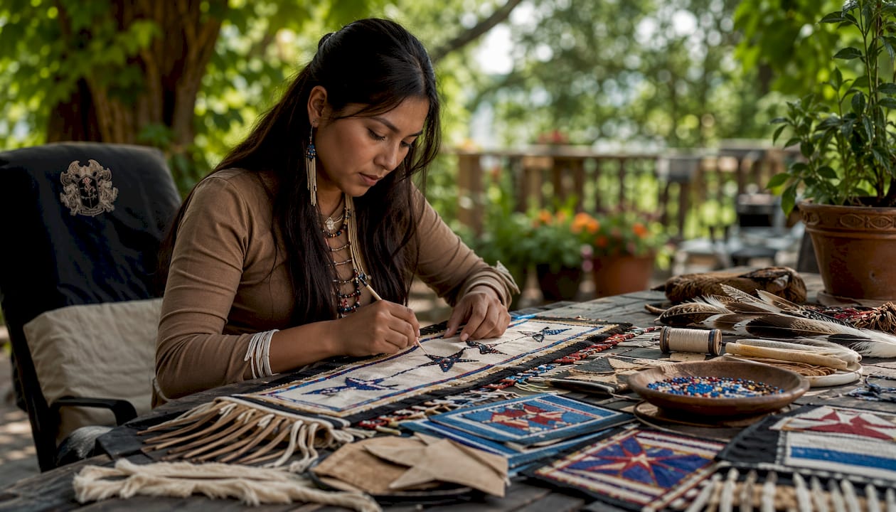 Artisan hand-beading traditional honor sash