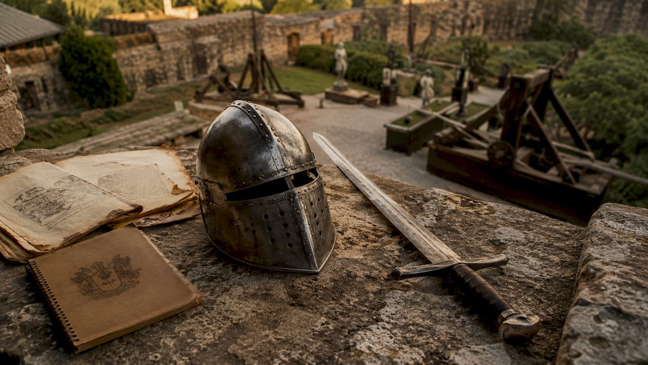 Medieval warfare artifacts in museum display