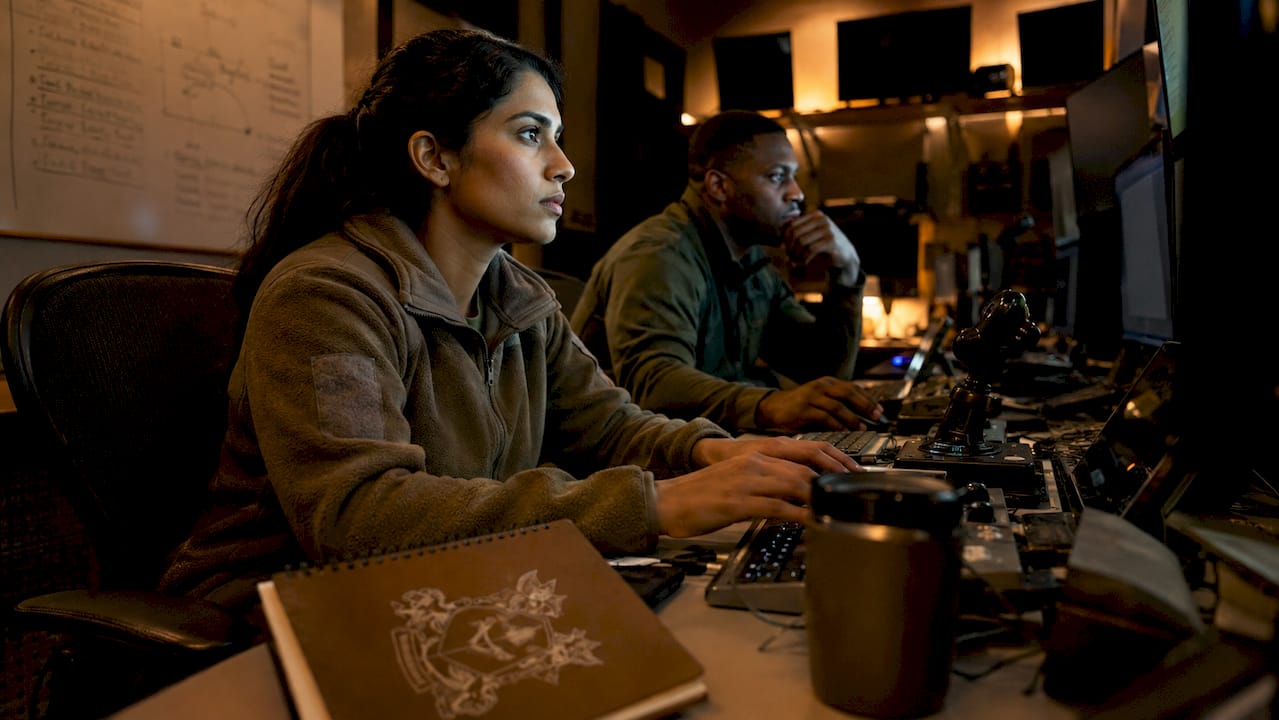 Operators controlling drones in military room