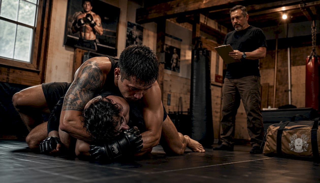 MMA fighters grappling in gym setting