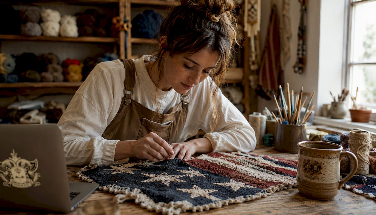 Designer hands crafting patriotic apparel fabric