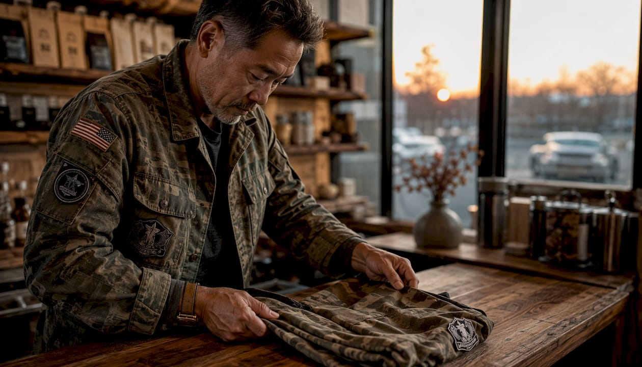 Veteran folding camouflage jacket indoors