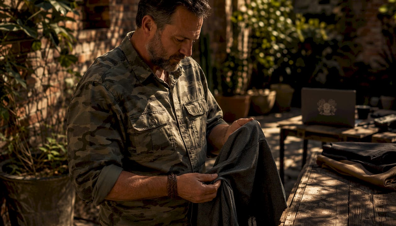 Veteran inspecting quality fabric in workshop