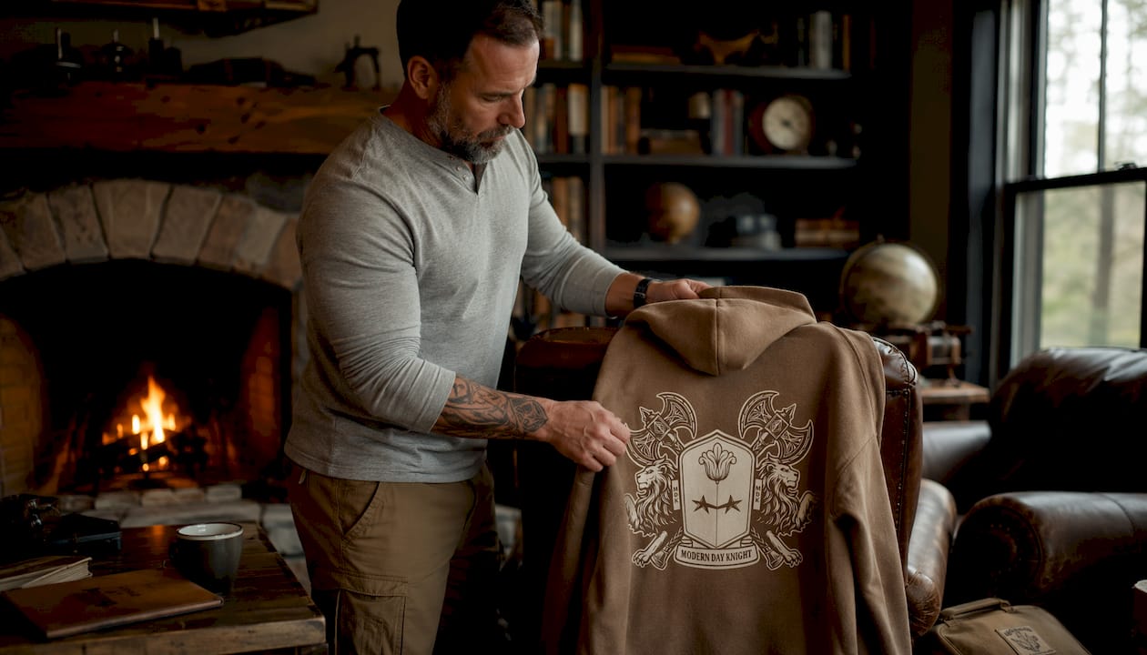 Hands folding veteran travel hoodie in artisan workshop
